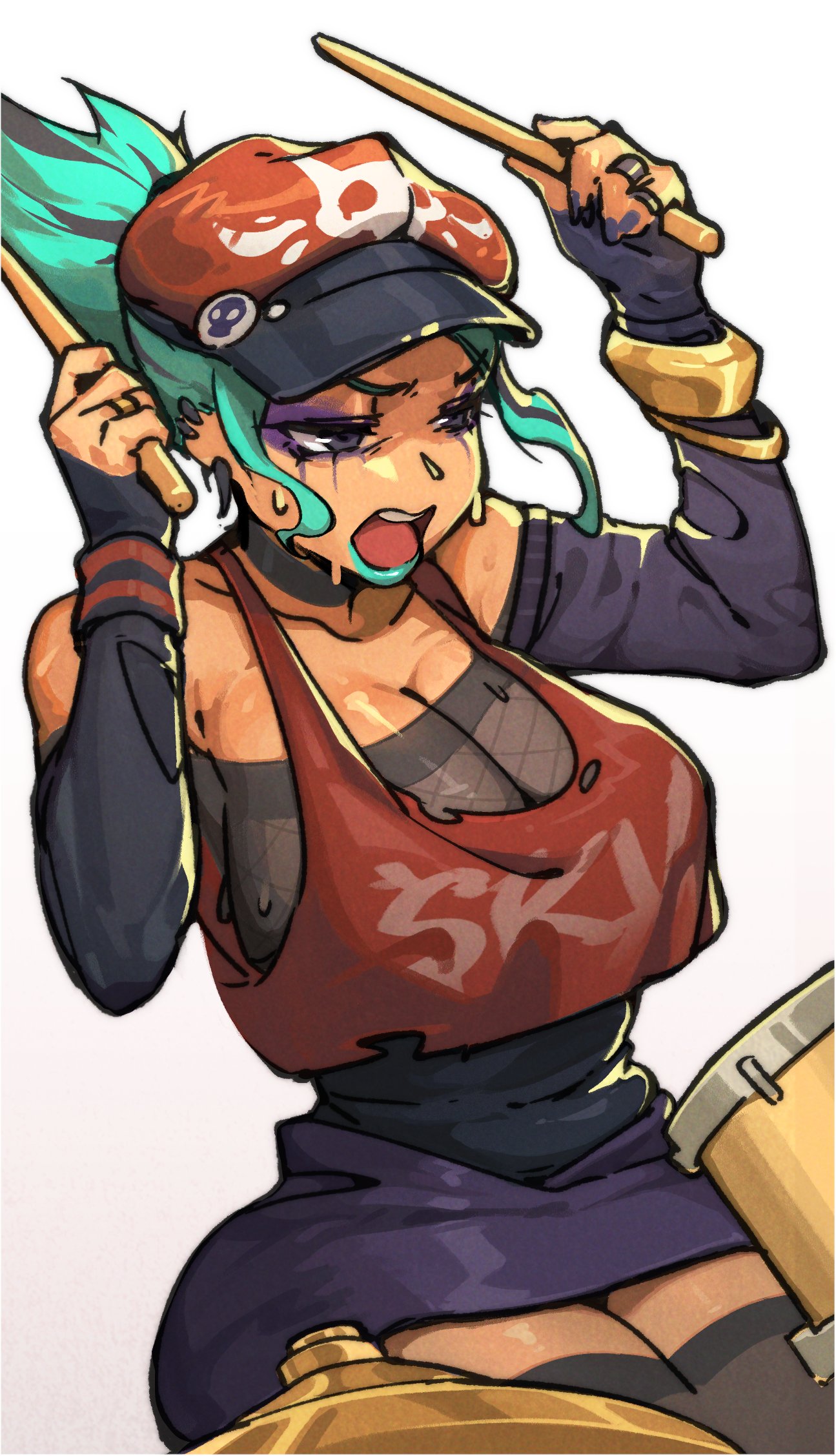 bubene, cerebella (skullgirls), skullgirls, 1girl, alternate costume, black nails, bracelet, breasts, choker, contemporary, crop top, dark-skinned male, dark skin, detached sleeves, drum, drum set, drumsticks, dutch angle, eyeshadow, fishnet top, fishnets, green hair, green lips, grey background, hat, hat pin, huge breasts, instrument, jewelry, large breasts, lipstick, makeup, mascara, nail polish, open mouth, ponytail, ring, runny makeup, sitting, skirt, solo, tank top, thick thighs, thighhighs, thighs, wide hips