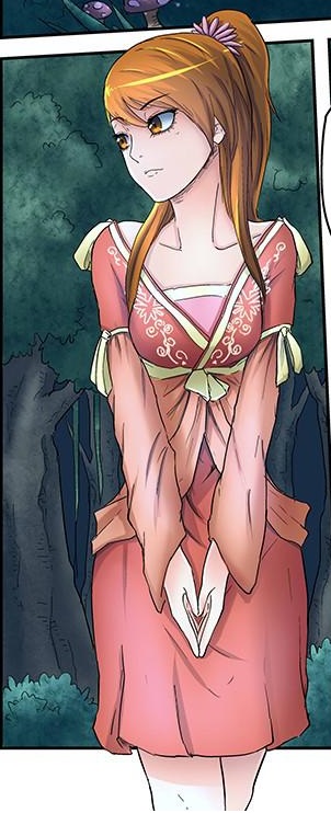 tales of demons and gods, colored skin, famale, manga illustration, manga page, orange hair, orange shirt, shirt, white skin, xiao ning