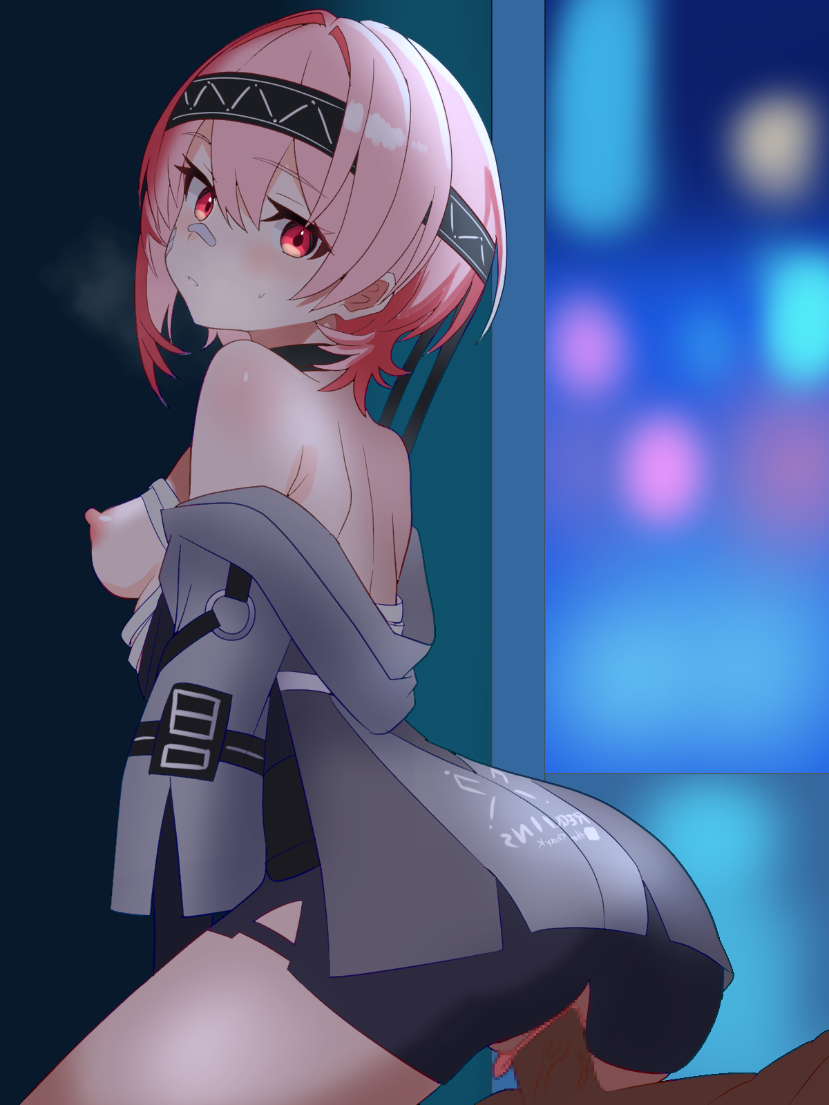 shibito (shibito0000), fuchsia (strinova), strinova, highres, 1boy, 1girl, armpit crease, bandages, bandaid, bandaid on face, bandaid on nose, bare shoulders, blush, bob cut, breasts, breasts out, choker, clitoris, dark-skinned male, dark skin, emotionless sex, from behind, functionally nude, girl on top, hair between eyes, head tilt, headband, hetero, large areolae, looking at viewer, looking back, medium breasts, nipples, off shoulder, open clothes, penis, pink eyes, pink hair, pussy, reverse cowgirl position, sex, sex from behind, short hair, shorts, shoulder blades, sidelocks, straddling, sweatdrop, teeth, thighs, torn clothes, torn shorts, veins, veiny penis