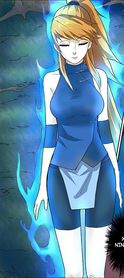 tales of demons and gods, blue shirt, colored skin, famale, manga page, orange hair, power lines, shirt, white skin, xiao ning