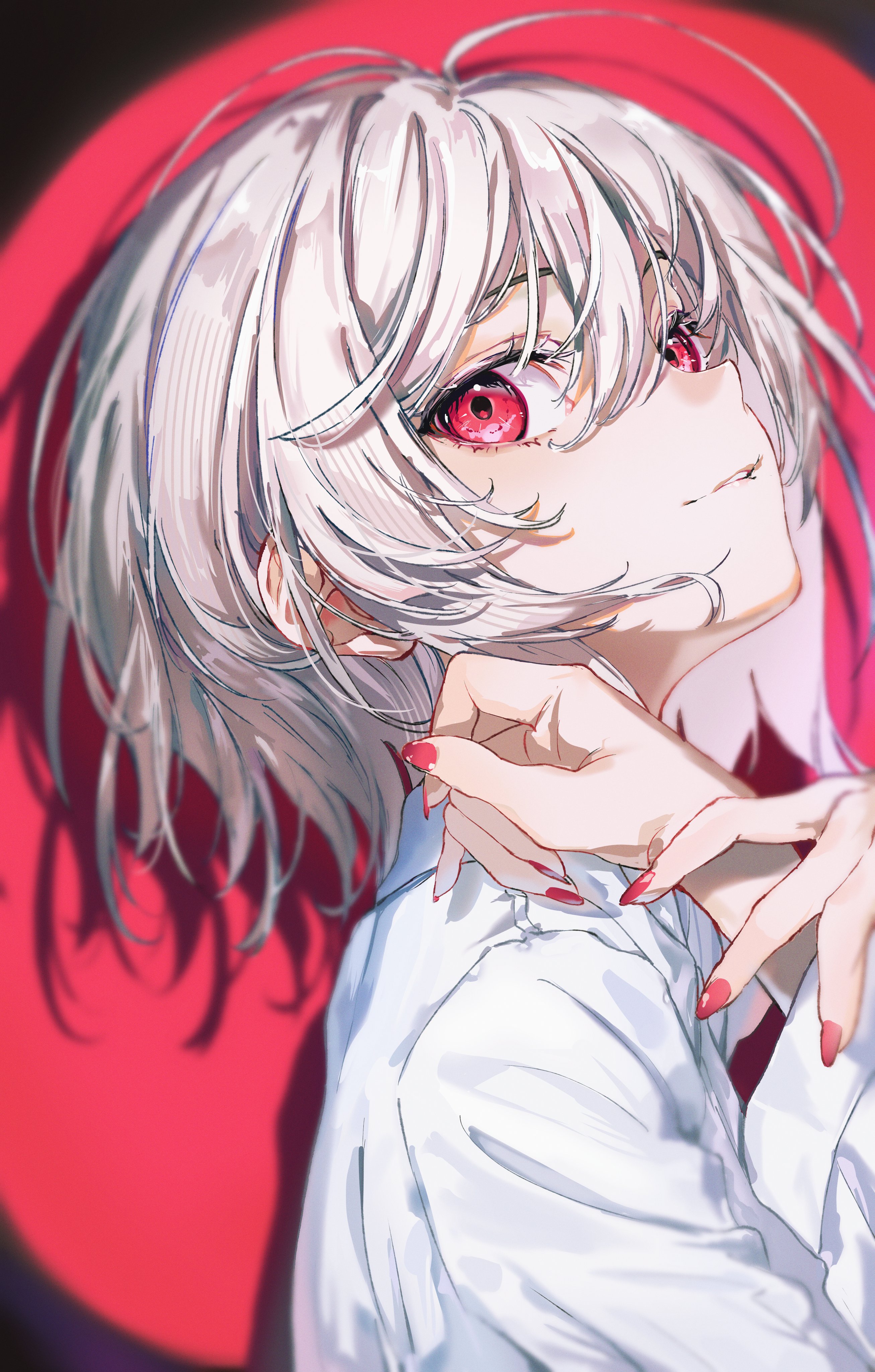 hanozuku, original, 1girl, biting own lip, nail polish, red eyes, shirt, short hair, solo, white hair, white shirt