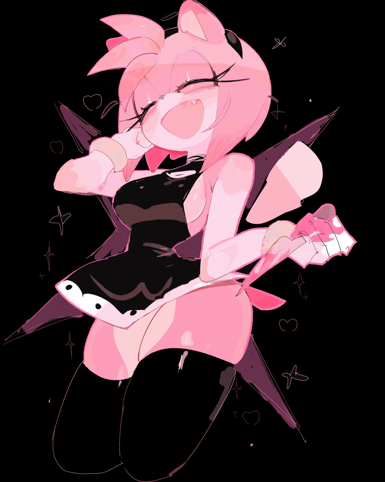 usa37107692, amy rose, sonic (series), 1girl, black background, black thighhighs, breasts, fang, sideboob, sleeveless, smile, solo, thighhighs