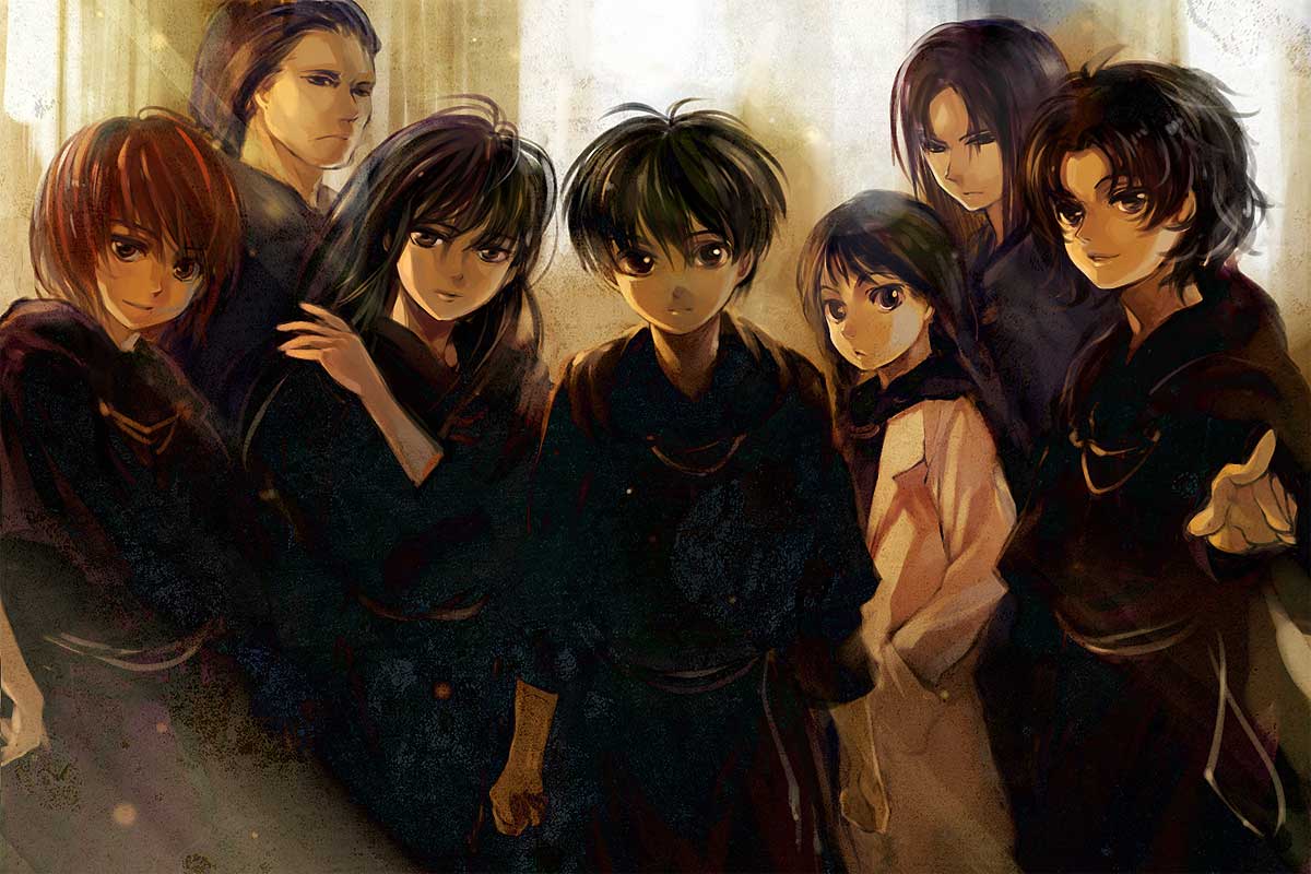 ame yamori, azalie cait sith, comicron, forte buckingham, hartia, leticia maccready, orphen, uys els ito egum ed gorgon, majutsushi orphen, bad id, bad pixiv id, 3boys, 4girls, arms at sides, black hair, black robe, cowboy shot, frown, long hair, multiple boys, multiple girls, parted bangs, red hair, robe, short hair, standing