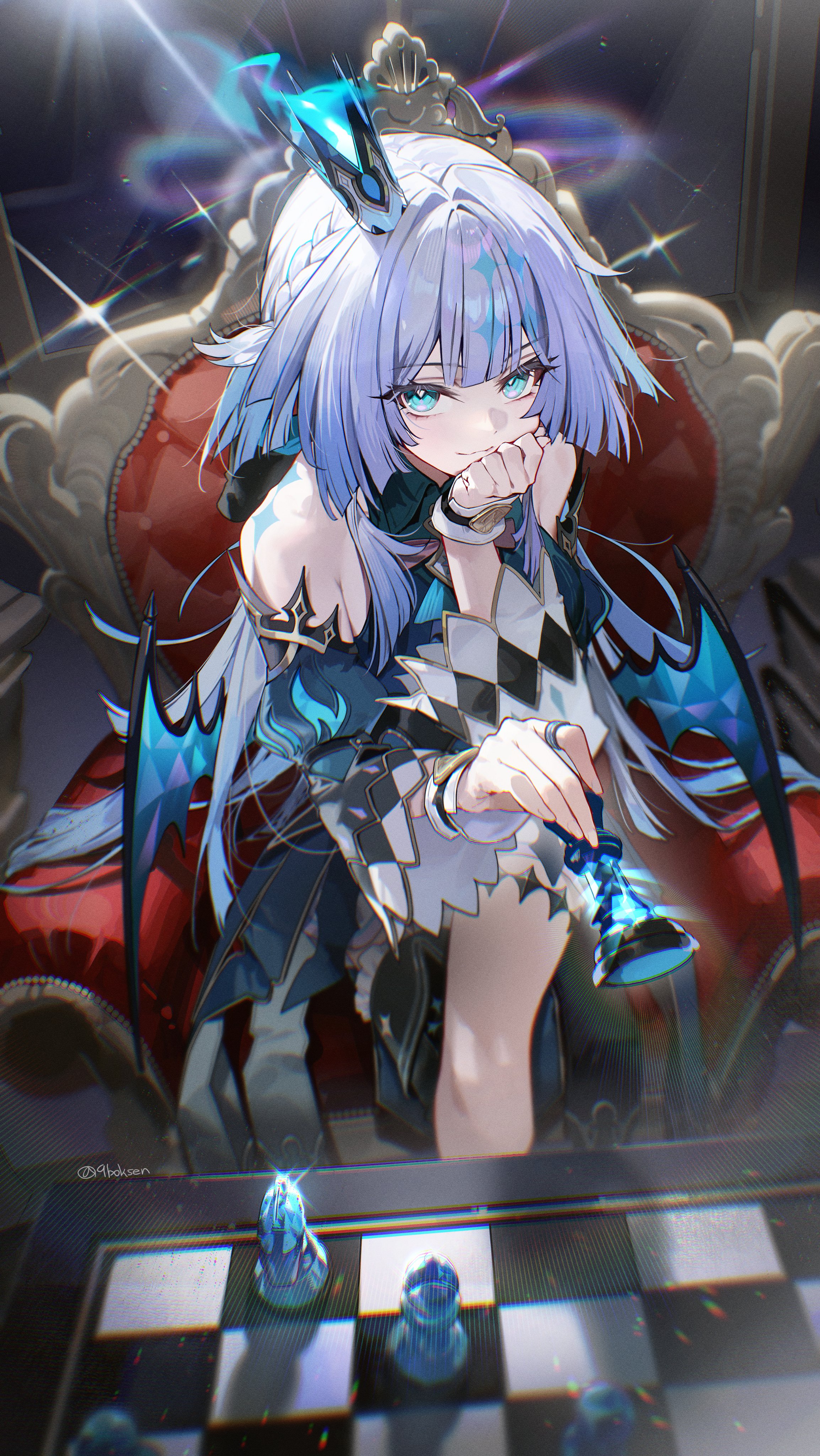 9boksen, cerydra (honkai: star rail), honkai: star rail, honkai (series), 1girl, arm support, chair, chess piece, crown, looking at viewer, sitting, solo