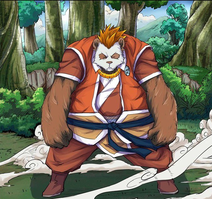 tales of demons and gods, male, happy, manga page, nie li, one boy, orange hair, panda boy, shorts