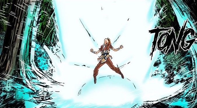 tales of demons and gods, male, happy, manga page, nie li, one boy, orange hair, power lines, shorts