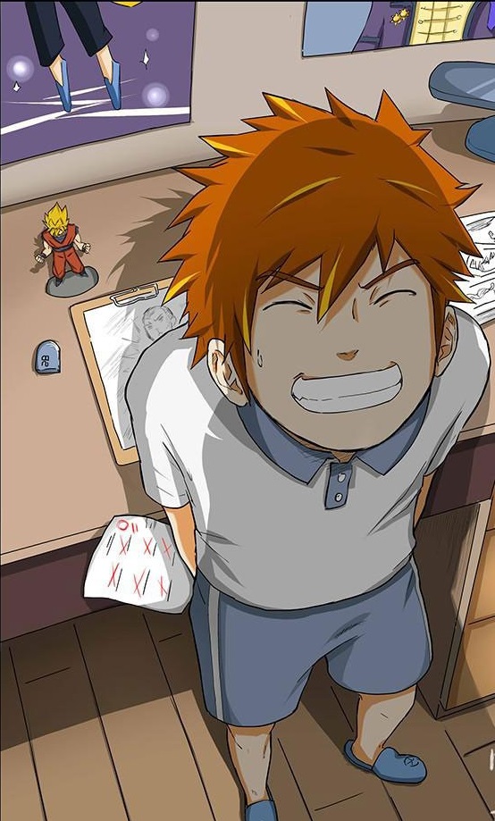 tales of demons and gods, male, happy, manga page, nie li, one boy, orange hair, shorts
