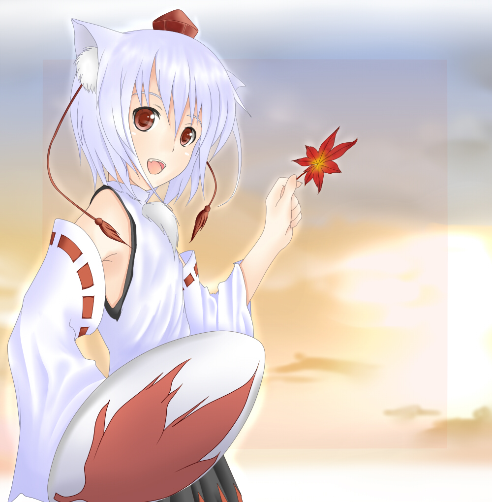 momiz-tama (pixiv), tokijiro, inubashiri momiji, touhou, bad id, bad pixiv id, 1girl, animal ears, cloud, female focus, hat, leaf, outdoors, plant, shield, sky, solo, standing, wolf ears