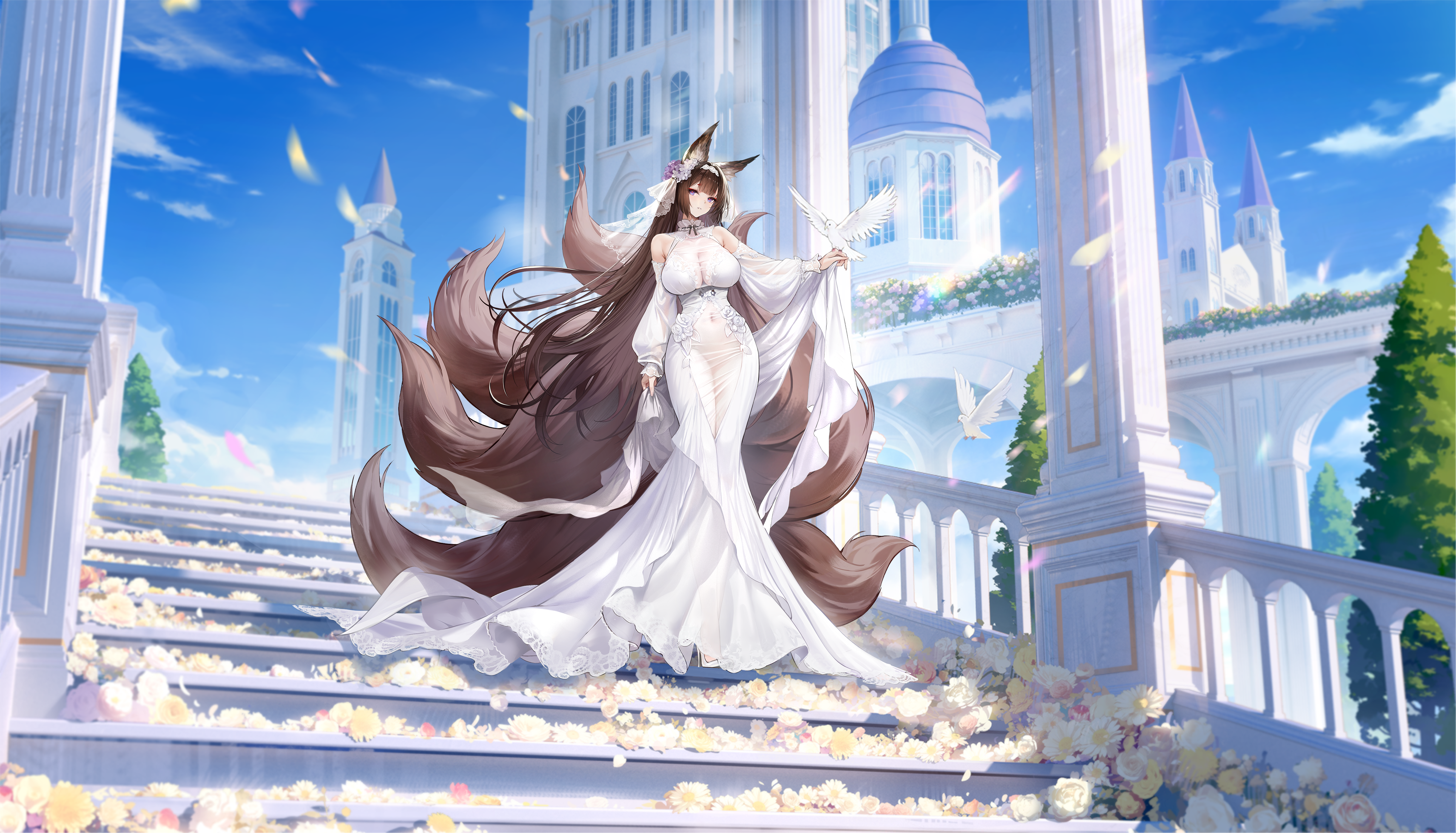 amagi (azur lane), amagi (cv) (azur lane), azur lane, absurdres, artist request, highres, non-web source, official art, 1girl, amagi (cv) (moonlit blossom on placid seas) (azur lane), animal ear fluff, animal ears, bird, blue sky, blurry, blurry background, breasts, brown hair, building, covered navel, day, dress, falling petals, flower, fox ears, fox girl, fox tail, hair flower, hair ornament, holding, long hair, long sleeves, looking at viewer, motion blur, multiple expressions, multiple tails, official alternate costume, outdoors, parted lips, petals, puffy sleeves, purple flower, see-through clothes, see-through dress, sky, stairs, standing, tail, very long hair, wedding dress, white dress, white flower
