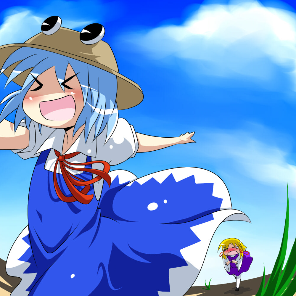 geperu, obyaa, cirno, moriya suwako, touhou, bad id, bad pixiv id, > <, > <, 2girls, :d, blonde hair, blue hair, blush, borrowed clothes, closed eyes, clothes theft, female focus, hat, headwear switch, multiple girls, open mouth, ribbon, running, short hair, smile, tears, theft, xd