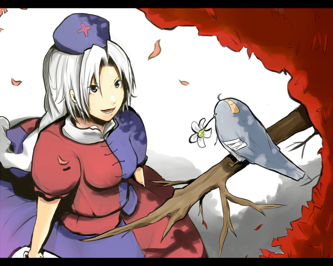 sergei (pattundo), serugei, yagokoro eirin, touhou, silver hair, 1girl, bird, female focus, flower, hat, letterboxed, long hair, solo