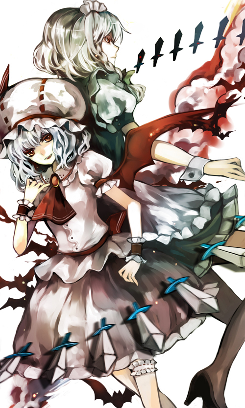 hina (pico), hina (pixiv), izayoi sakuya, remilia scarlet, touhou, black legwear, silver hair, bad id, bad pixiv id, 2girls, ascot, brooch, dress, female focus, gem, hat, jewelry, knife, looking at viewer, maid headdress, mob cap, multiple girls, pantyhose, puffy short sleeves, puffy sleeves, red eyes, short sleeves, simple background, standing, white background, white dress