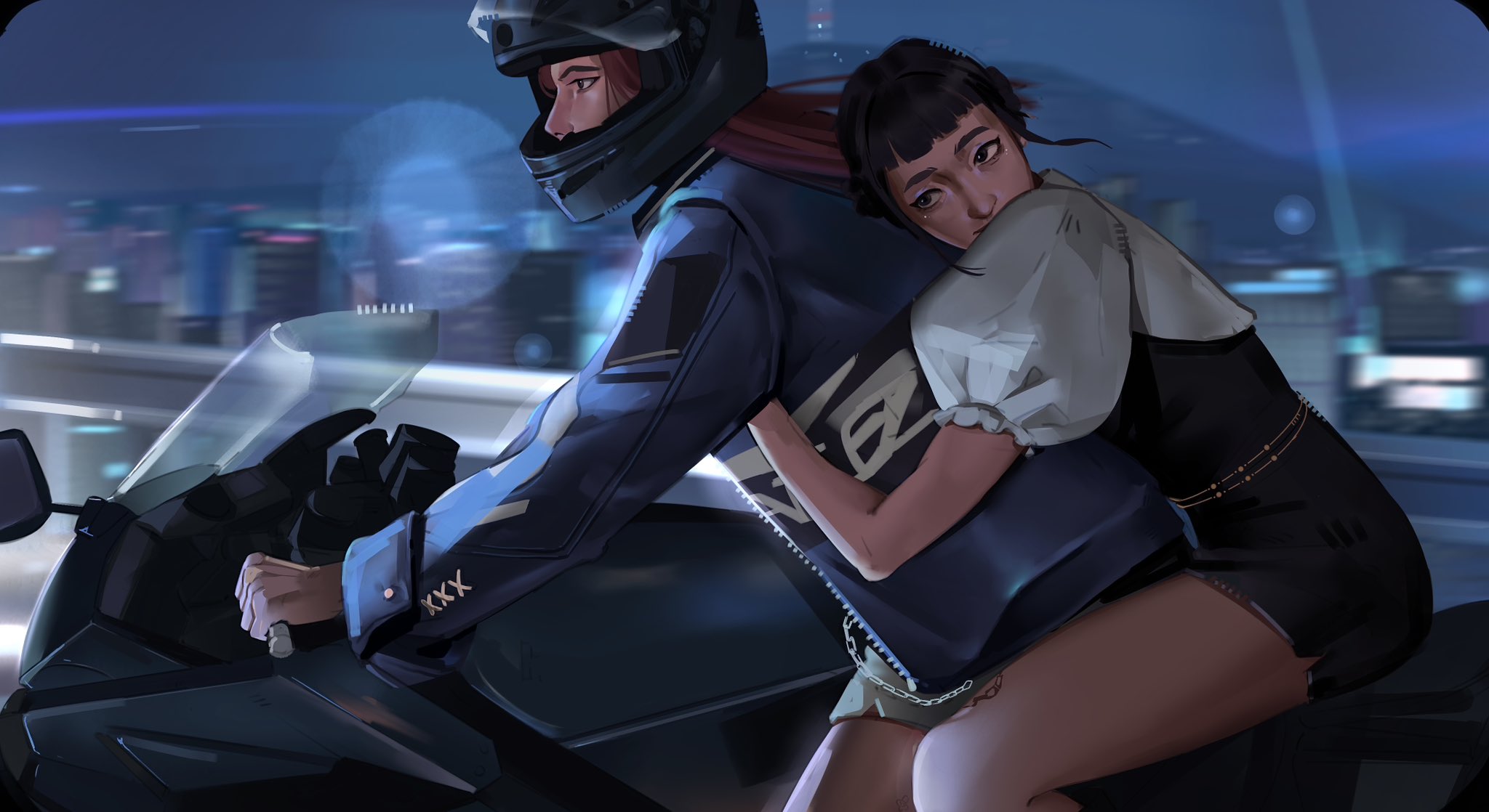 daniju, mira (kpop demon hunters), zoey (kpop demon hunters), kpop demon hunters, commentary, english commentary, highres, 2girls, black hair, helmet, jacket, long hair, looking ahead, motor vehicle, motorcycle, multiple girls, on motorcycle, outdoors, pink hair, profile, puffy short sleeves, puffy sleeves, short bangs, short sleeves, sidelocks