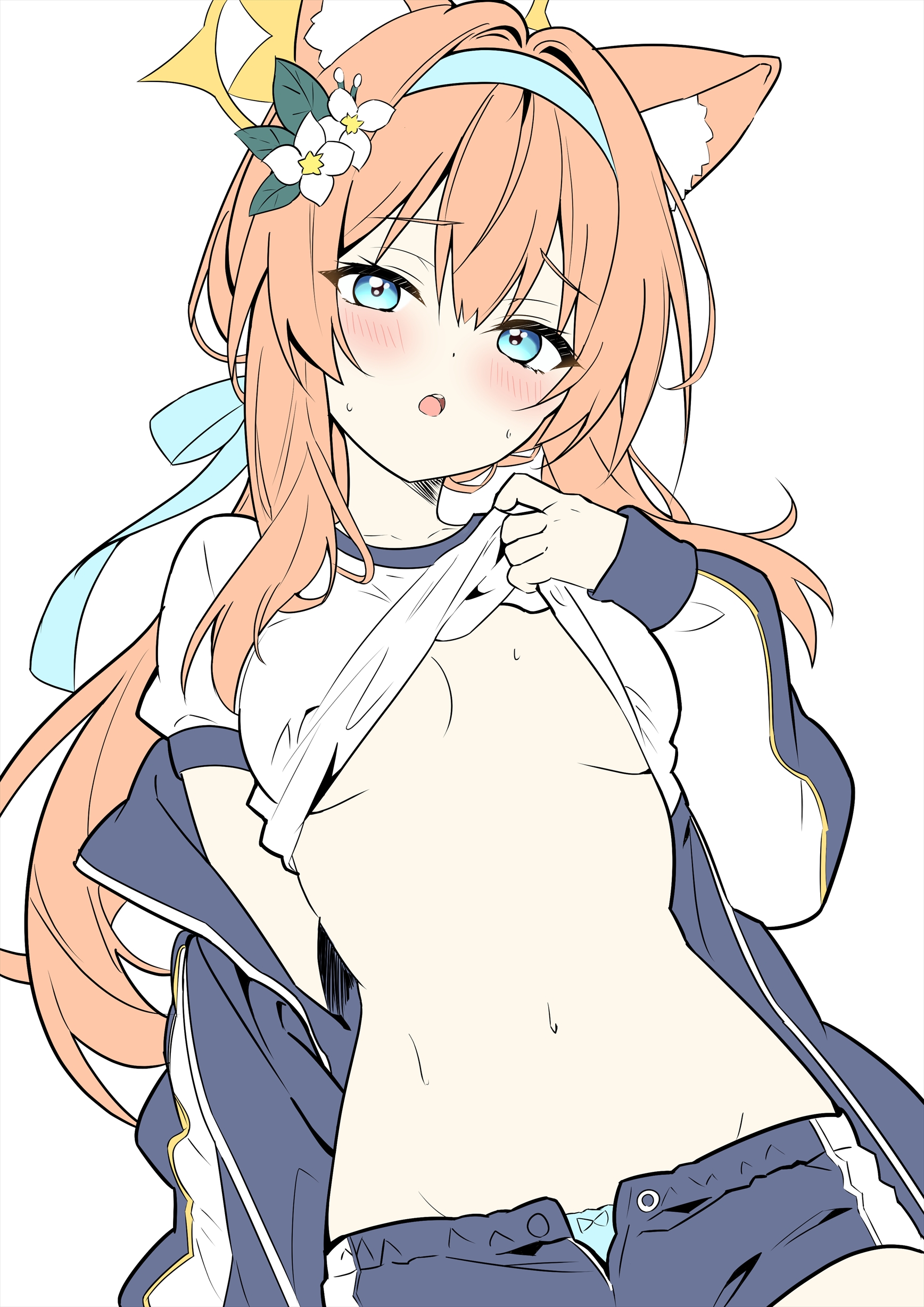 shamu (helix), mari (blue archive), mari (track) (blue archive), blue archive, absurdres, commentary, highres, 1girl, :o, animal ear fluff, animal ears, black jacket, black shorts, blue eyes, blue panties, blue ribbon, blush, breasts, breasts apart, cat ears, cat girl, clothes lift, cowboy shot, eyelashes, flat color, flower, furrowed brow, gym shirt, gym shorts, gym uniform, hair between eyes, hair flower, hair intakes, hair ornament, hair ribbon, halo, hand up, jacket, leaf hair ornament, lifting own clothes, long hair, looking at viewer, low ponytail, medium breasts, navel, no bra, official alternate costume, official alternate hairstyle, open clothes, open jacket, open mouth, orange hair, panties, panty peek, ponytail, ribbon, shirt, shirt lift, short sleeves, shorts, sidelocks, simple background, sleeves past wrists, solo, stomach, sweat, teeth, track jacket, underwear, undressing, upper teeth only, very long hair, white background, white flower, white shirt, yellow halo