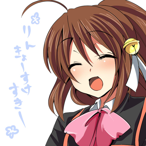 masayu, natsume rin, little busters!, translated, 1girl, bow, closed eyes, female focus, hair ornament, long hair, pink bow, ponytail, solo