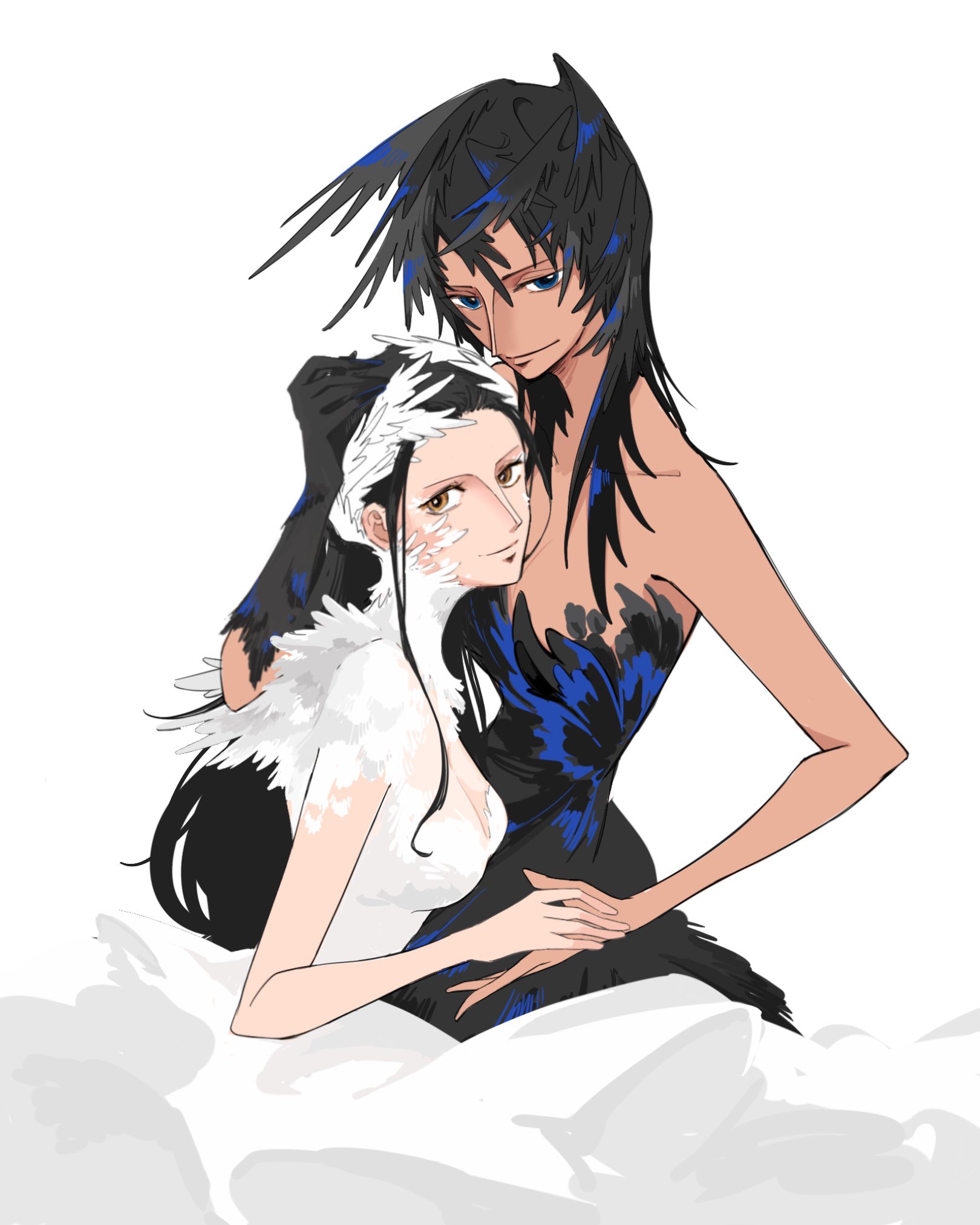 guaguapiu, nico robin, black swan (movie), one piece, commentary, highres, symbol-only commentary, 1girl, bare shoulders, black gloves, black hair, blue eyes, brown eyes, dress, gloves, long hair, simple background, single glove, smile, white background, white dress