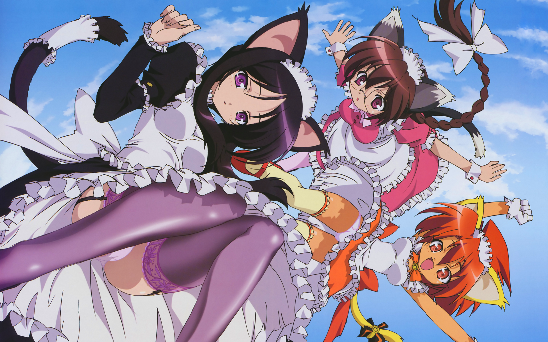 isono satoshi, eneus, hasegawa suzuho, tanarot, magician's academy, bad id, bad yandere id, highres, 00s, 3girls, animal ears, black hair, braid, brown hair, cat ears, cat tail, cuffs, dog ears, flying, frills, garter belt, glasses, gloves, long hair, maid, multiple girls, open mouth, panties, purple eyes, red eyes, red hair, short hair, tail, thighhighs, underwear