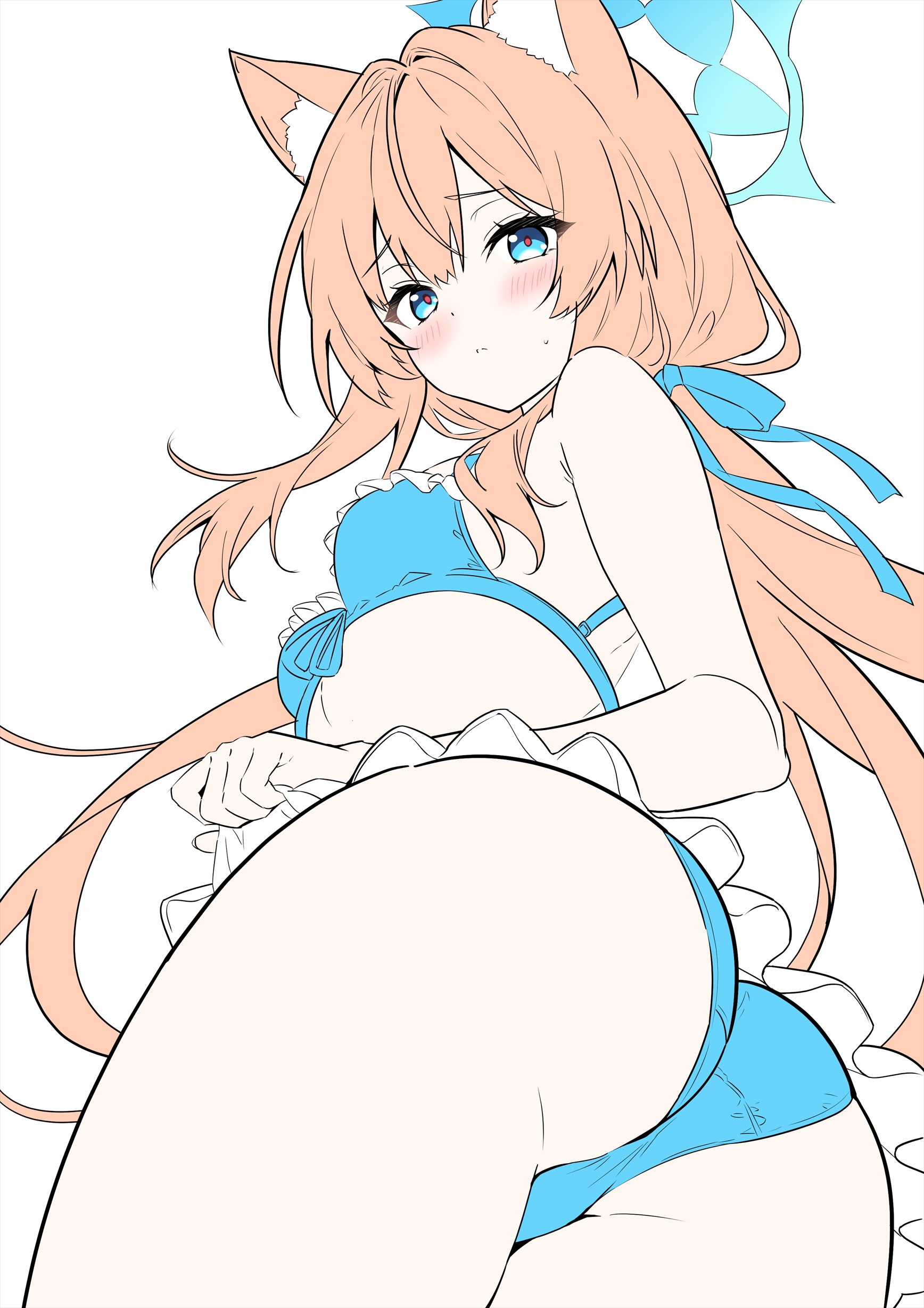 shamu (helix), mari (blue archive), blue archive, absurdres, commentary, highres, 1girl, alternate costume, alternate halo, animal ear fluff, animal ears, ass, bikini, blue bikini, blue halo, blue ribbon, blush, breasts, cat ears, cat girl, closed mouth, cowboy shot, flat color, floating hair, foreshortening, frilled bikini, frills, from below, frown, furrowed brow, hair between eyes, hair intakes, hair over shoulder, hair ribbon, halo, long hair, looking at viewer, looking down, orange hair, red pupils, ribbon, sidelocks, simple background, small breasts, solo, split mouth, sweatdrop, swimsuit, very long hair, white background