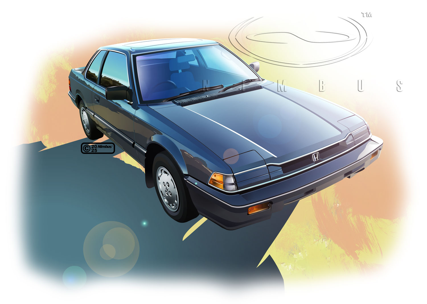nimbus goldbrum, honda, original, commentary request, 2025, artist name, blue car, car, copyright notice, dated, honda prelude, lens flare, logo, motor vehicle, no humans, product placement, reflection, right-hand drive, simple background, vehicle focus, watermark, white background