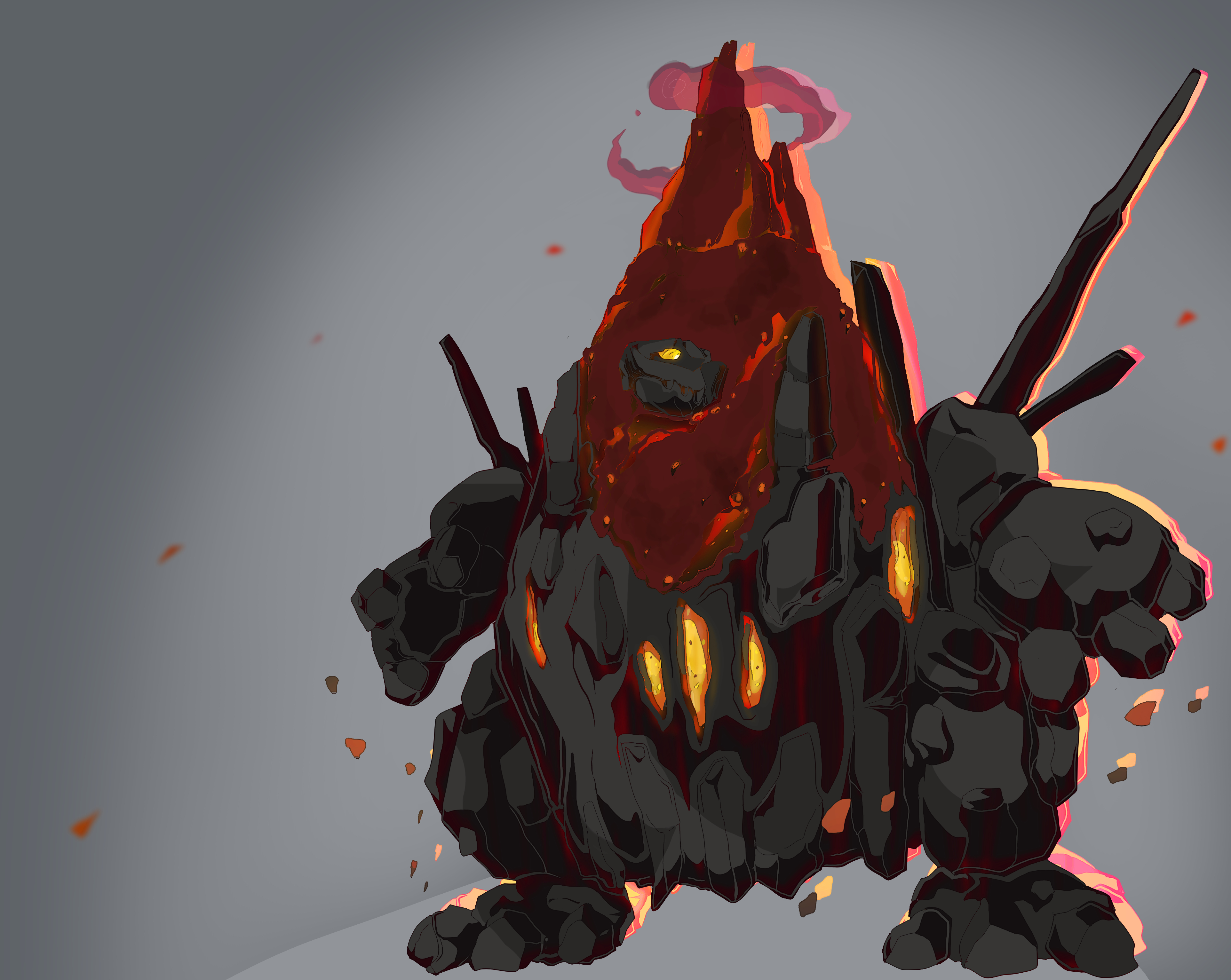 mochi curry, coalossal, gigantamax coalossal, nintendo, pokemon, absurdres, commentary request, highres, closed mouth, debris, dynamax, full body, gen 8 pokemon, gigantamax, glowing hot, grey background, no humans, pokemon (creature), pokemon focus, red clouds, simple background, solo, standing