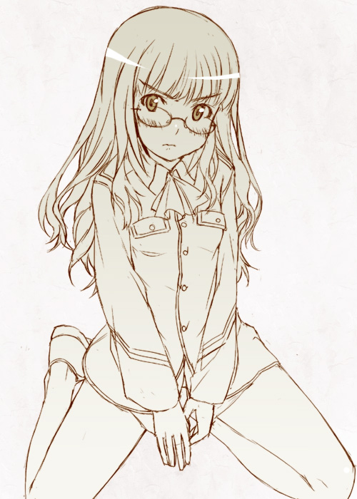mizuki makoto, perrine h. clostermann, strike witches, world witches series, 00s, 1girl, blush, female focus, glasses, monochrome, solo, tsundere, yellow theme