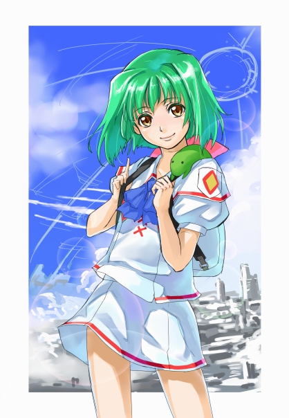 kurogin, ranka lee, macross, macross frontier, 00s, 1girl, animal, animal on shoulder, aqua hair, backpack, bag, blue bow, blue bowtie, bow, bowtie, building, closed mouth, clothes lift, cloud, cowboy shot, cross-laced clothes, day, female focus, holding strap, index finger raised, legs apart, miniskirt, puffy short sleeves, puffy sleeves, school uniform, serafuku, short hair, short sleeves, sketch, skirt, skirt lift, sky, smile, solo, upskirt, yellow eyes