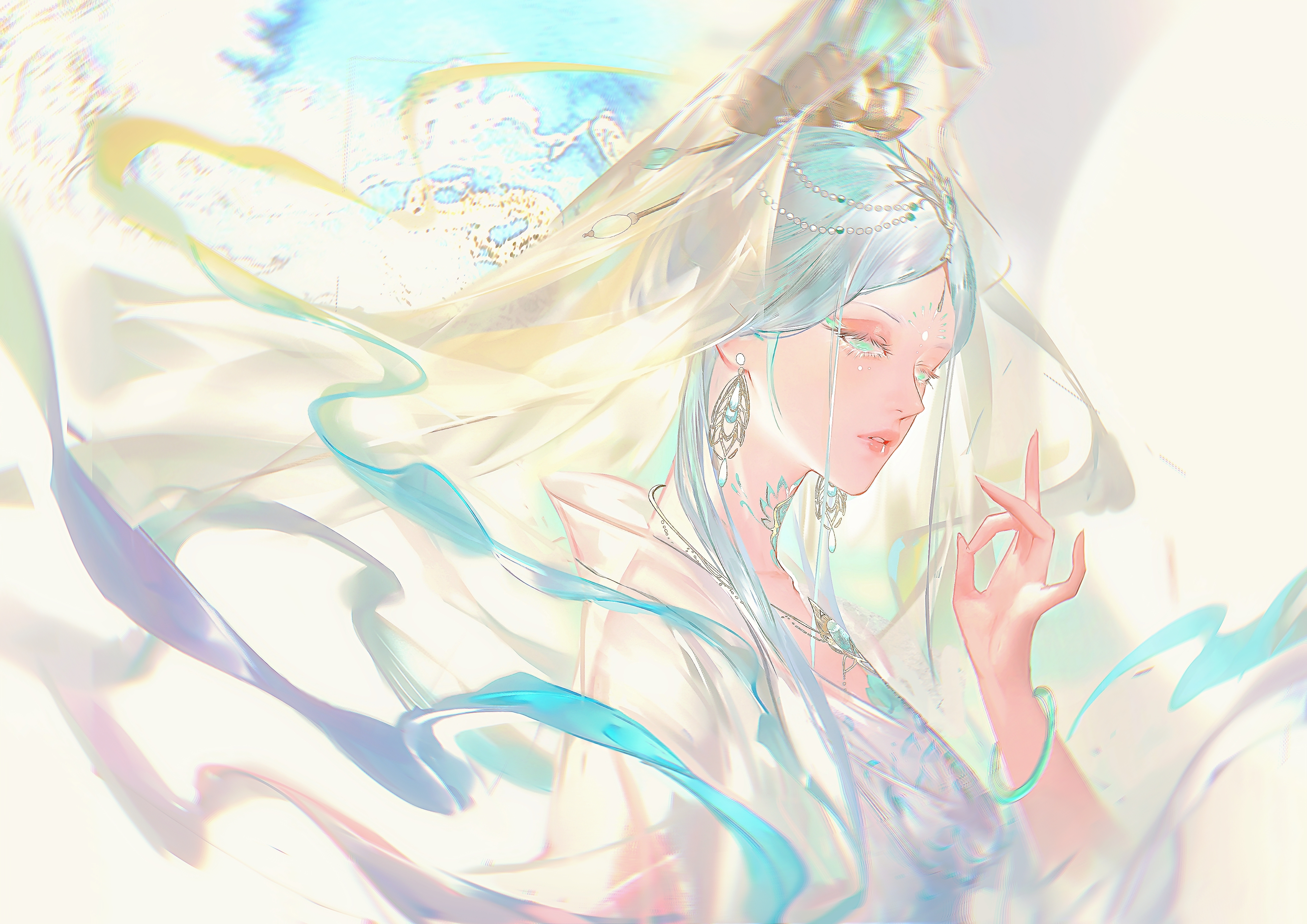 qingci, du ruo (path to nowhere), guanyin, path to nowhere, absurdres, chinese commentary, commentary, highres, variant set, 1girl, abstract background, aqua hair, blue shawl, collarbone, colored eyelashes, dress, earrings, eyeshadow, facial hair, facial mark, forehead, forehead jewel, forehead mark, from side, green eyes, hair ornament, hairpin, half-closed eyes, headpiece, jade bracelet, jewelry, lips, long hair, lotus hair ornament, makeup, mudra, multiple hairpins, parted bangs, parted lips, pearl hair ornament, red eyeshadow, see-through clothes, see-through veil, shawl, solo, upper body, veil, white dress, white eyelashes