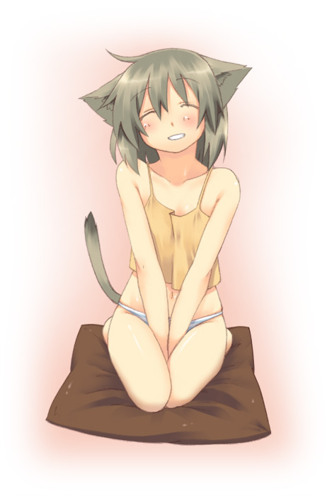 clowclover, majima yuki, 1girl, animal ears, bare legs, bare shoulders, barefoot, between legs, blush, camisole, cat ears, cat girl, cat tail, closed eyes, cushion, female focus, grin, happy, navel, no pants, panties, pillow, seiza, sitting, smile, solo, tail, underwear, v arms