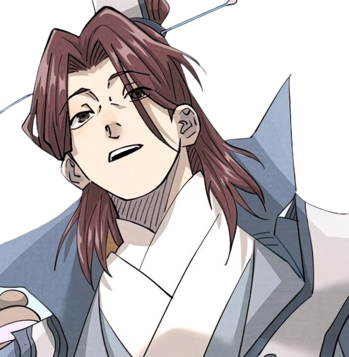 tales of demons and gods, colored skin, du ze, grey hair, grey tunic, manga page, muscular, muscular male, serious, tunic, white skin