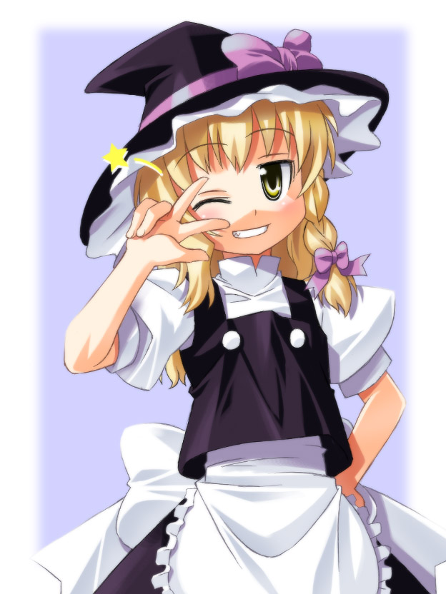 umekichi, kirisame marisa, touhou, 1girl, blonde hair, braid, female focus, grin, hand on own hip, one eye closed, smile, solo, star (symbol), wink