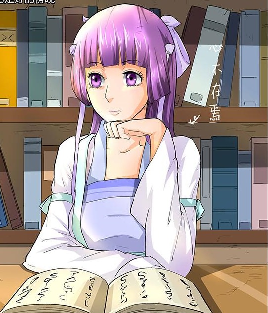 ye ziyun, tales of demons and gods, colored skin, library, manga page, purple eyes, purple hair, purple shirt, shirt, white skin