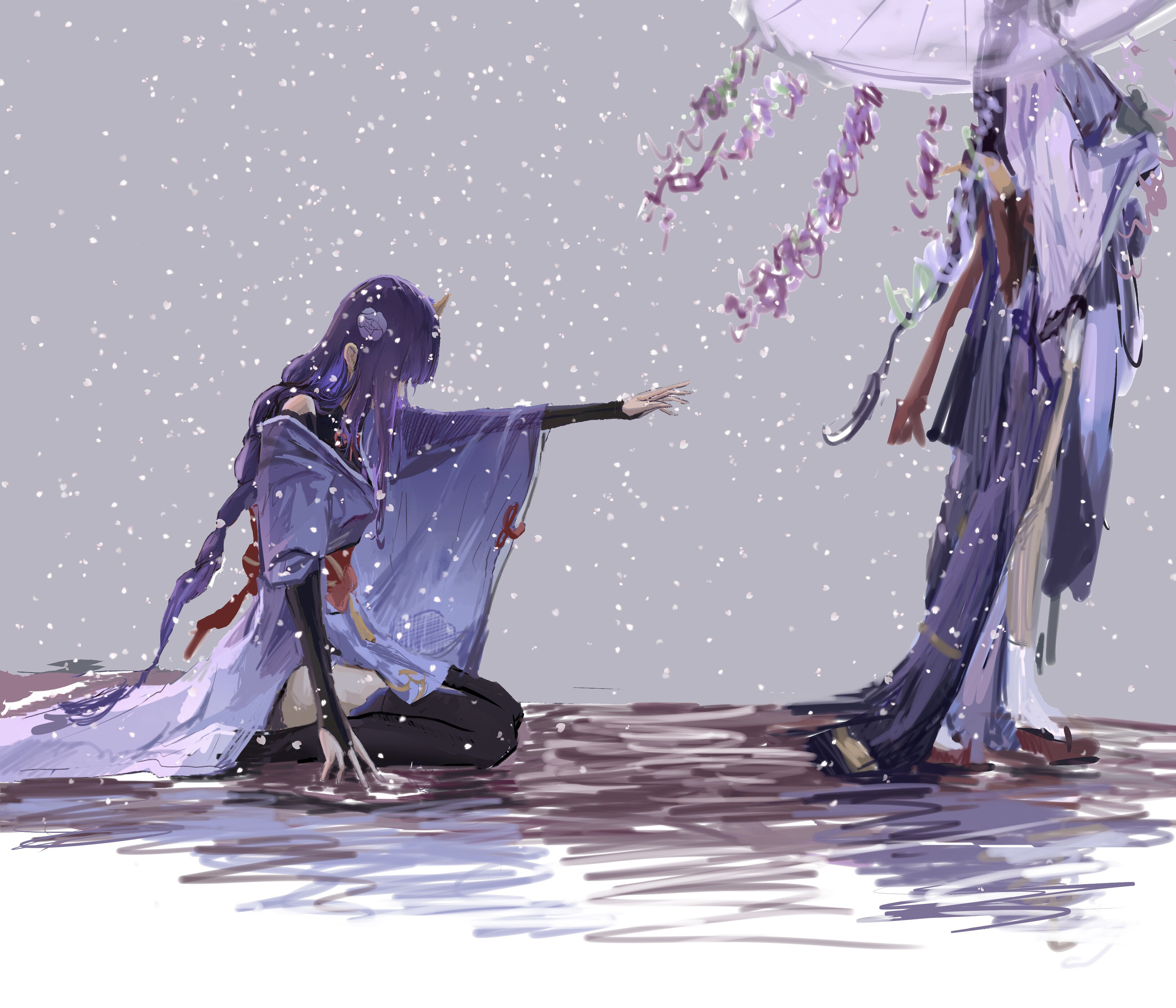 makoto (genshin impact), raiden shogun, genshin impact, absurdres, commentary request, highres, 2girls, arm up, back bow, black thighhighs, blunt bangs, bow, braid, bridal gauntlets, faceless, faceless female, flower, grey background, hair ornament, holding, holding umbrella, japanese clothes, kimono, leaning forward, long braid, long hair, long sleeves, luxxxian, multiple girls, oil-paper umbrella, outdoors, purple hair, purple kimono, reaching, reaching towards another, red sash, sash, seiza, shade, siblings, single braid, sisters, sitting, snow, snowing, standing, thighhighs, twins, umbrella, wide sleeves, wisteria