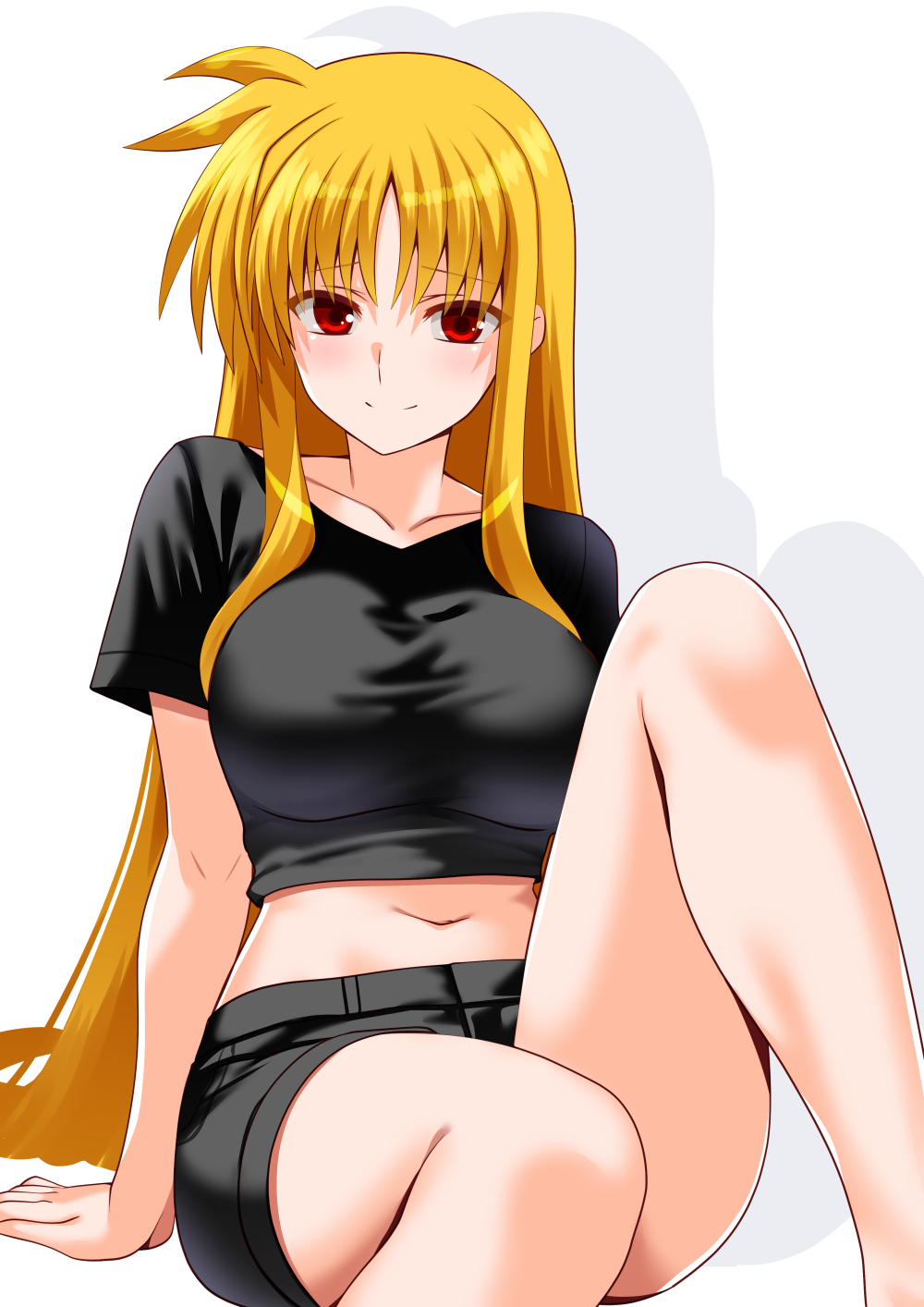 engo (aquawatery), fate testarossa, lyrical nanoha, mahou shoujo lyrical nanoha strikers, commentary, hashtag-only commentary, highres, variant set, 1girl, black shirt, black shorts, blonde hair, breasts, collarbone, drop shadow, large breasts, long hair, looking at viewer, midriff, navel, red eyes, shirt, shorts, sidelighting, simple background, sitting, smile, solo, thighs, very long hair, white background