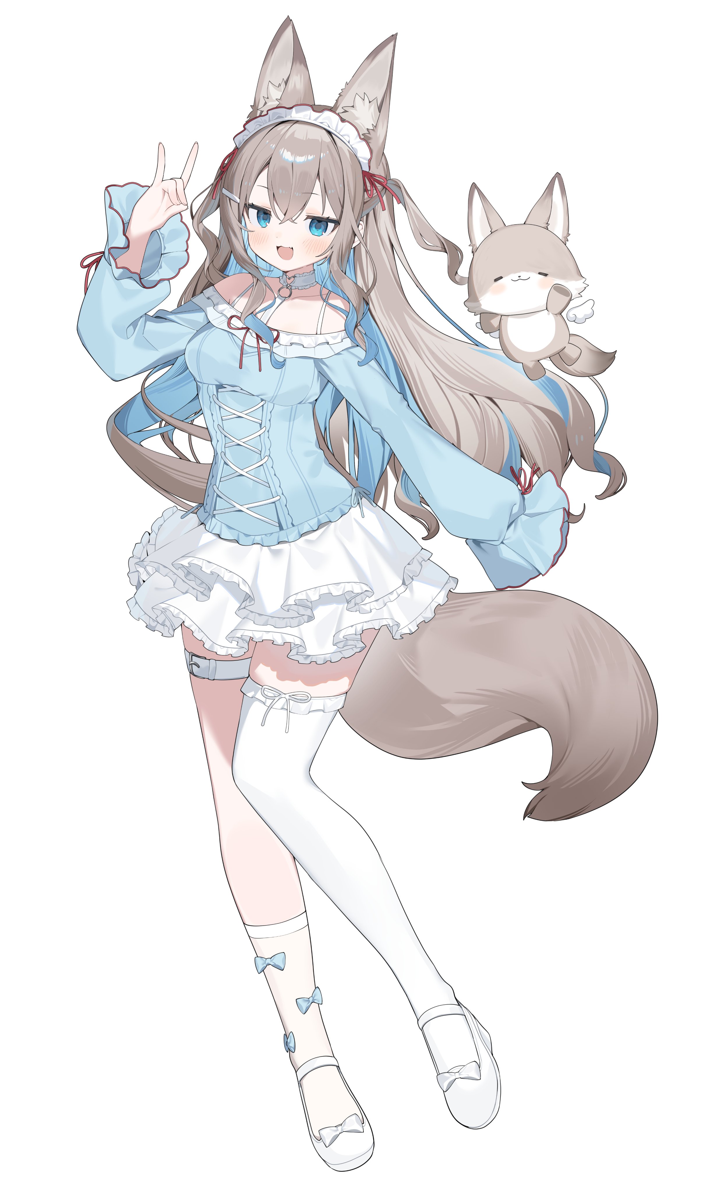 inuyayo, indie virtual youtuber, absurdres, commentary request, highres, 1girl, animal ear fluff, animal ears, asymmetrical legwear, belt, blue bow, blue eyes, blue hair, bow, brown hair, choker, collarbone, colored inner hair, fox shadow puppet, heart, heart choker, long hair, long sleeves, maid headdress, mofpi, multicolored hair, open mouth, shoes, single thighhigh, skirt, smile, solo, streaked hair, tail, thigh belt, thigh strap, thighhighs, virtual youtuber, white background, white belt, white shoes, white skirt, white thighhighs