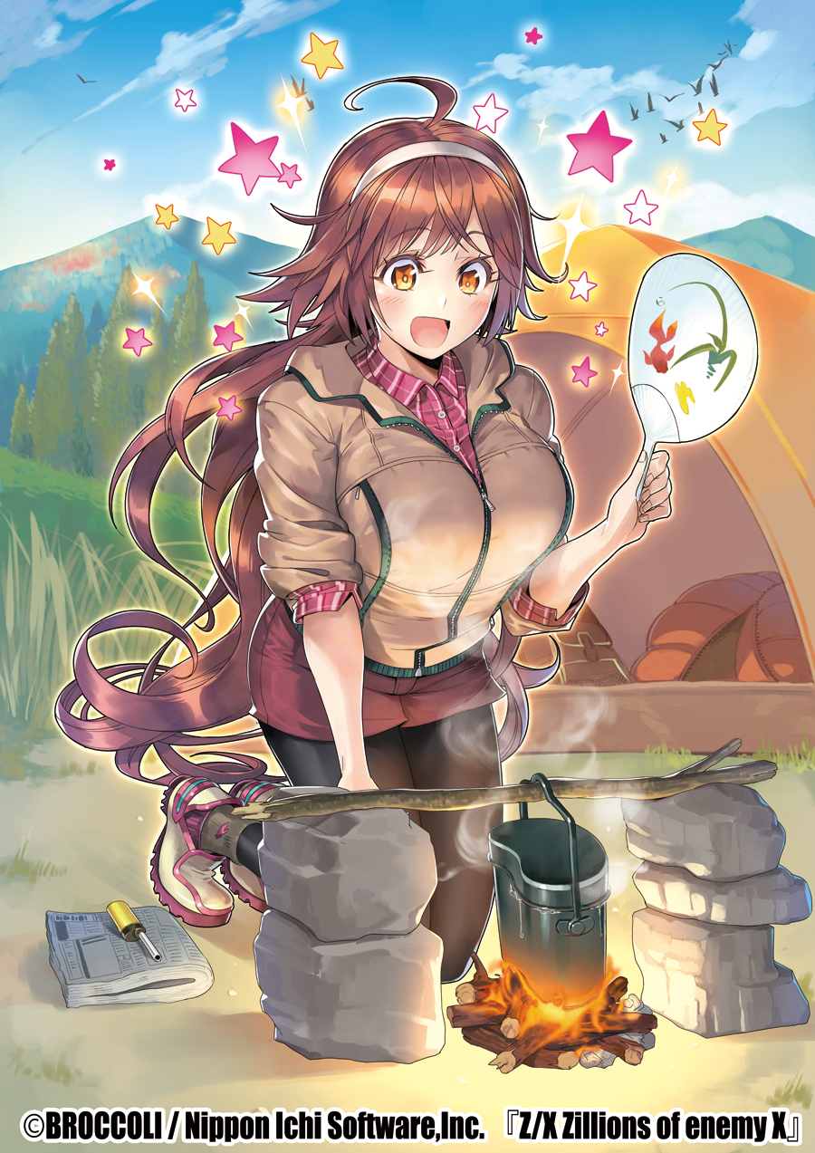 ishibashi yosuke, z/x, highres, official art, 1girl, ahoge, black pantyhose, blue sky, bonfire, breasts, brown hair, brown jacket, camping, cloud, cloudy sky, cooking pot, copyright notice, green trim, hairband, hand fan, holding, holding fan, jacket, kneeling, large breasts, long hair, multicolored shoes, newspaper, open mouth, orange eyes, outdoors, pantyhose, paper fan, pink shoes, plaid clothes, plaid shirt, prism (z/x), red shirt, red shorts, rock, shirt, shoes, shorts, sky, solo, sparkle, star (symbol), tent, uchiwa, very long hair, wand lighter, white hairband, white shoes