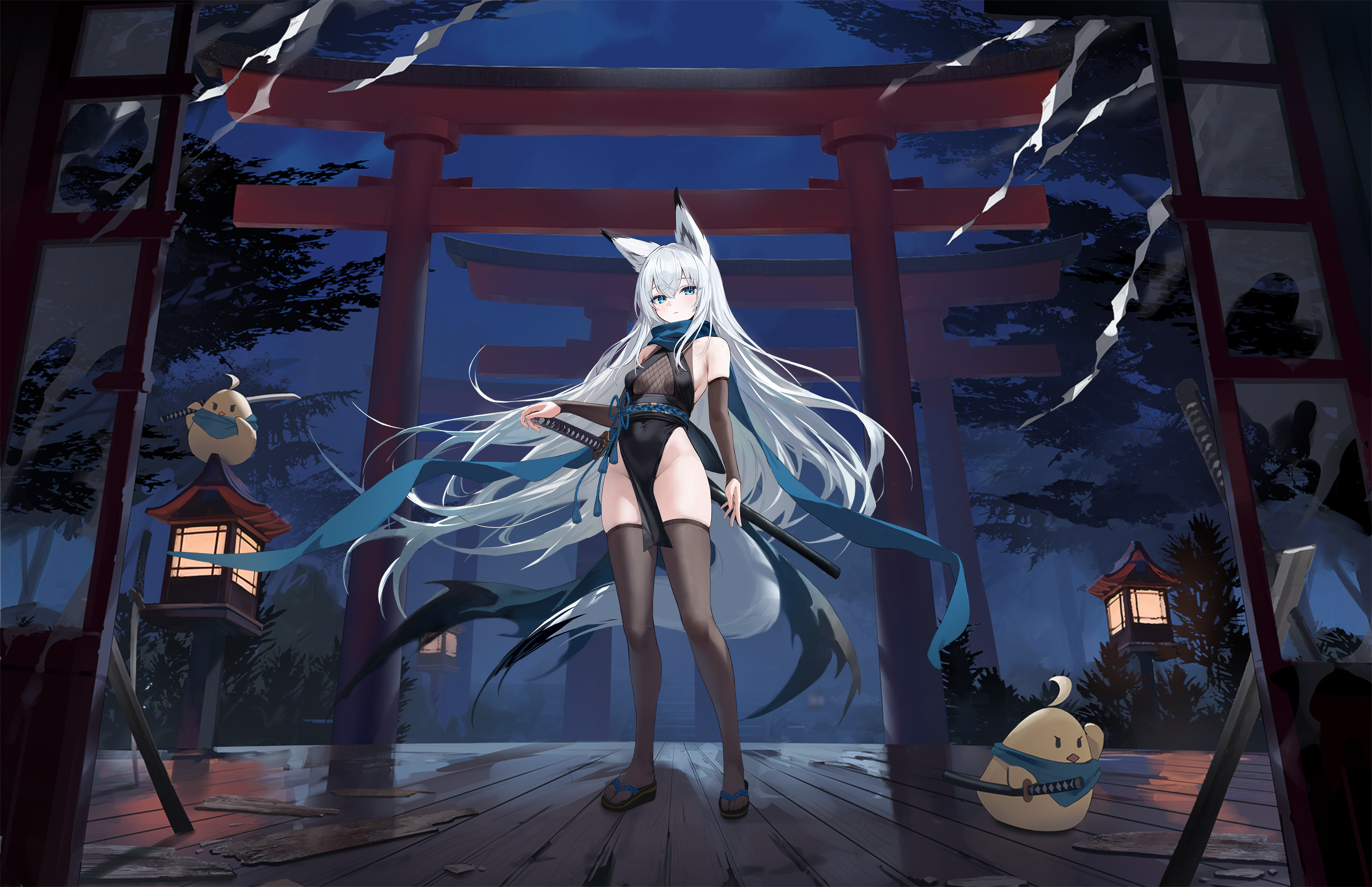 kawakaze (azur lane), azur lane, absurdres, artist request, highres, non-web source, official art, 1girl, ahoge, animal ear fluff, animal ears, architecture, bare shoulders, bird, black dress, blue eyes, blue scarf, blush, breasts, brown thighhighs, cleavage, closed mouth, covered navel, detached sleeves, dress, east asian architecture, elbow gloves, floating hair, fox ears, fox girl, fox tail, full body, gloves, grey hair, groin, hair between eyes, highleg, holding, holding sword, holding weapon, japanese clothes, katana, kawakaze (guardian fox forever loyal) (azur lane), kimono, kitsune, lantern, large tail, long hair, looking at viewer, medium breasts, multiple torii, night, night sky, ninja, no panties, obi, official alternate costume, okobo, outdoors, pelvic curtain, platform sandals, rope, sandals, sash, scarf, see-through clothes, sheath, sheathed, shrine, side slit, sidelocks, skindentation, sky, sleeveless, smile, standing, sword, tail, thighhighs, thighs, torii, tree, very long hair, weapon, white hair, wooden floor