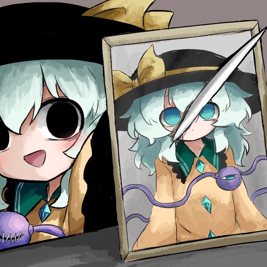 heripantomorrow, komeiji koishi, touhou, 1girl, bags under eyes, black eyes, black hat, blue eyes, buttons, diamond button, eyeball, frilled shirt collar, frilled sleeves, frills, green hair, hat, hat ribbon, knife, photo (object), picture frame, ribbon, shirt, smile, stab, stitched eye, third eye, wide sleeves, yellow ribbon, yellow shirt