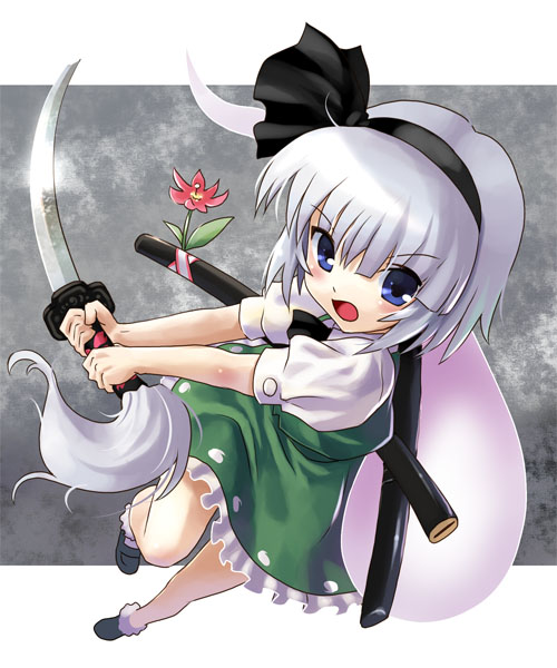katahira masashi, konpaku youmu, konpaku youmu (ghost), touhou, silver hair, 1girl, blue eyes, female focus, flower, full body, hairband, hitodama, katana, short hair, solo, sword, weapon