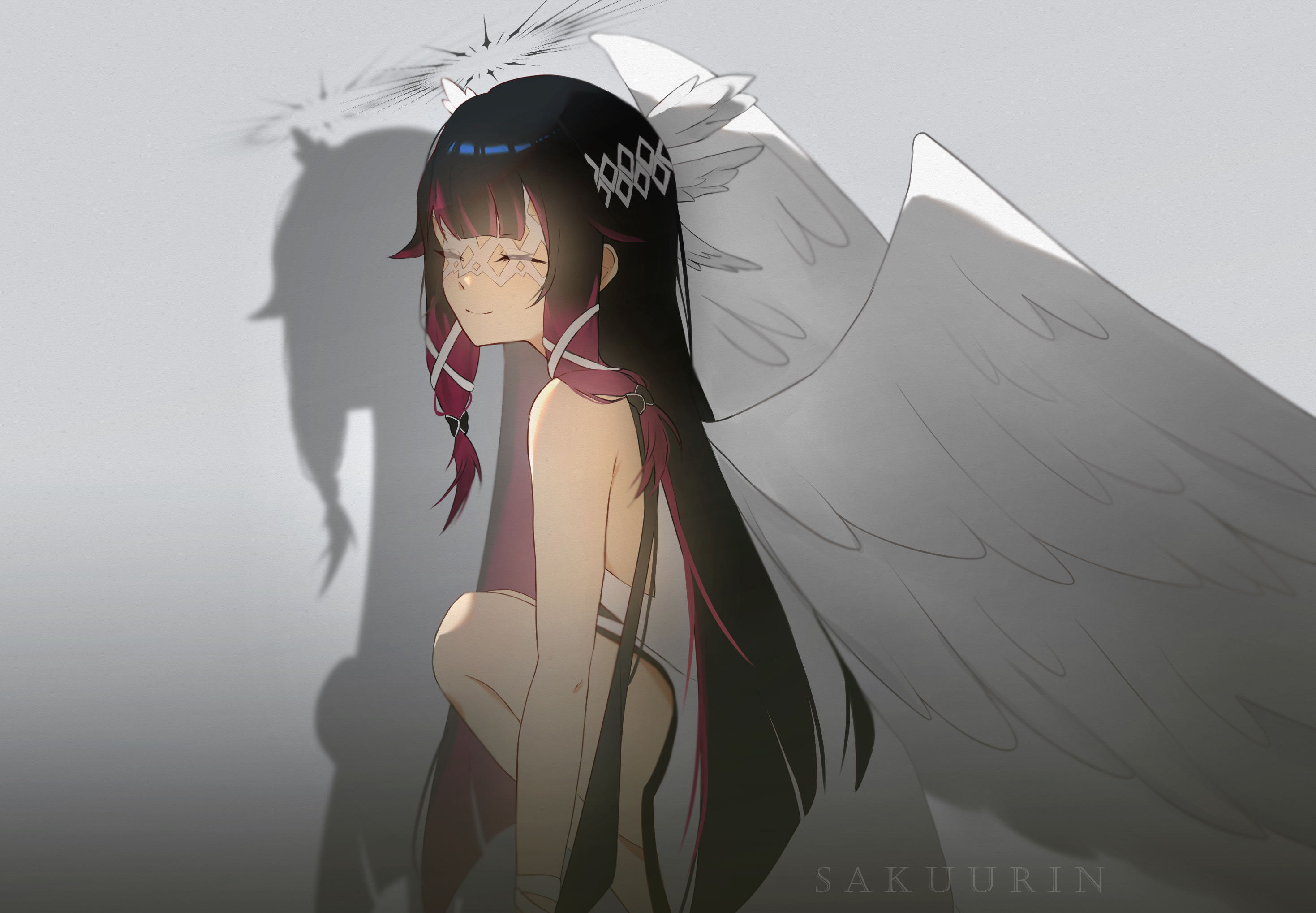 sakuurin, columbina (genshin impact), genshin impact, highres, 1girl, angel wings, artist name, bare legs, bare shoulders, black hair, closed eyes, closed mouth, eye mask, facing viewer, feathered wings, feet out of frame, from side, grey background, hair over shoulder, hair ribbon, halo, head wings, long hair, multicolored hair, pink hair, ribbon, shadow, simple background, smile, solo, squatting, two-tone hair, white ribbon, white wings, wings