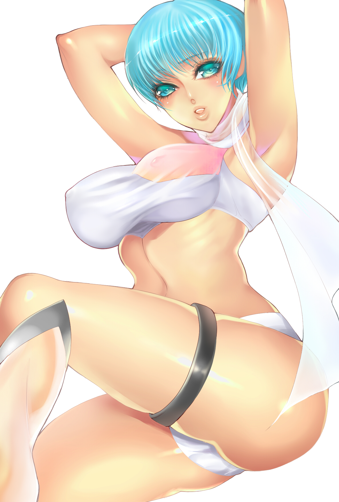 murata tomohide, yume aoi, wingman, 1980s (style), bad id, bad pixiv id, highres, 1girl, armpits, arms up, blue eyes, blue hair, breasts, covered erect nipples, female focus, large breasts, matching hair/eyes, midriff, oldschool, retro artstyle, scarf, see-through clothes, short hair, solo, thigh strap