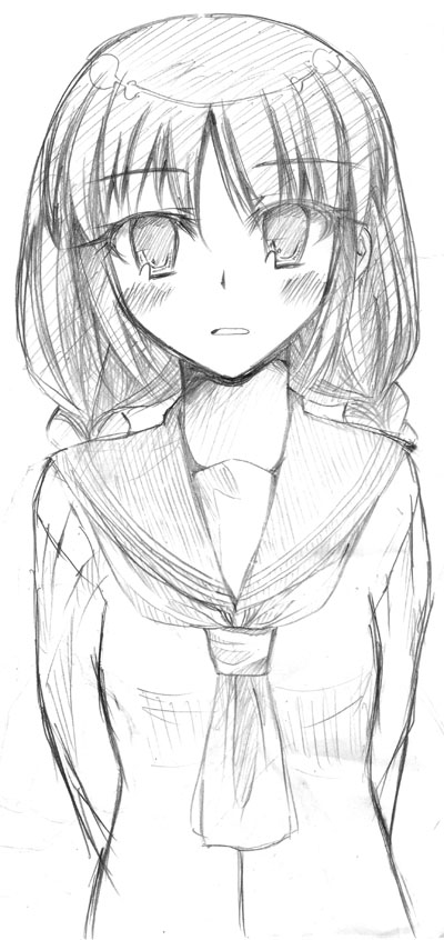 minakami kurena, original, 1girl, female focus, greyscale, monochrome, school uniform, serafuku, sketch, solo, standing, white background