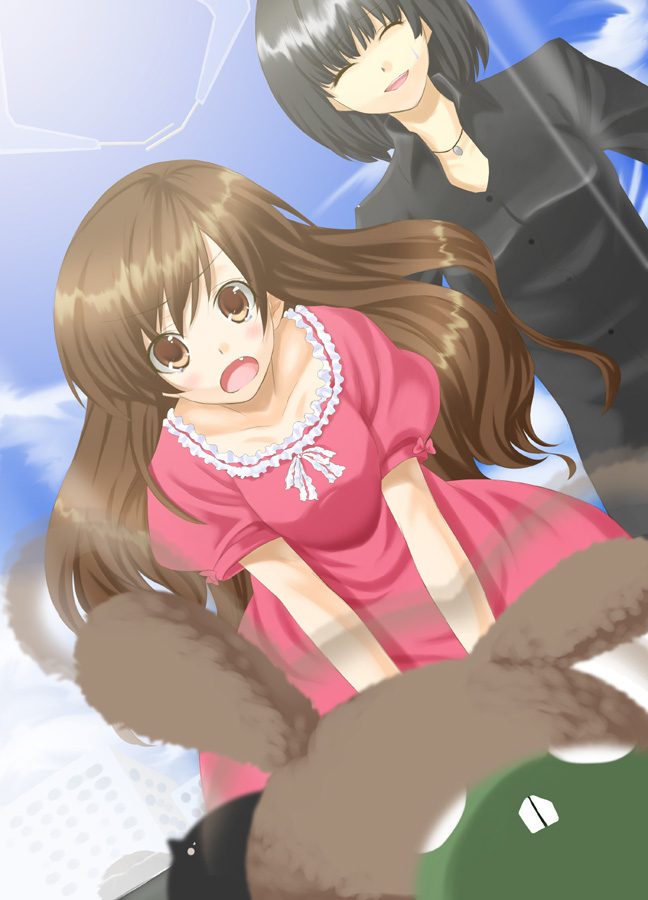 unowen, original, 2girls, brown eyes, brown hair, closed eyes, dress, fang, long hair, multiple girls, short hair