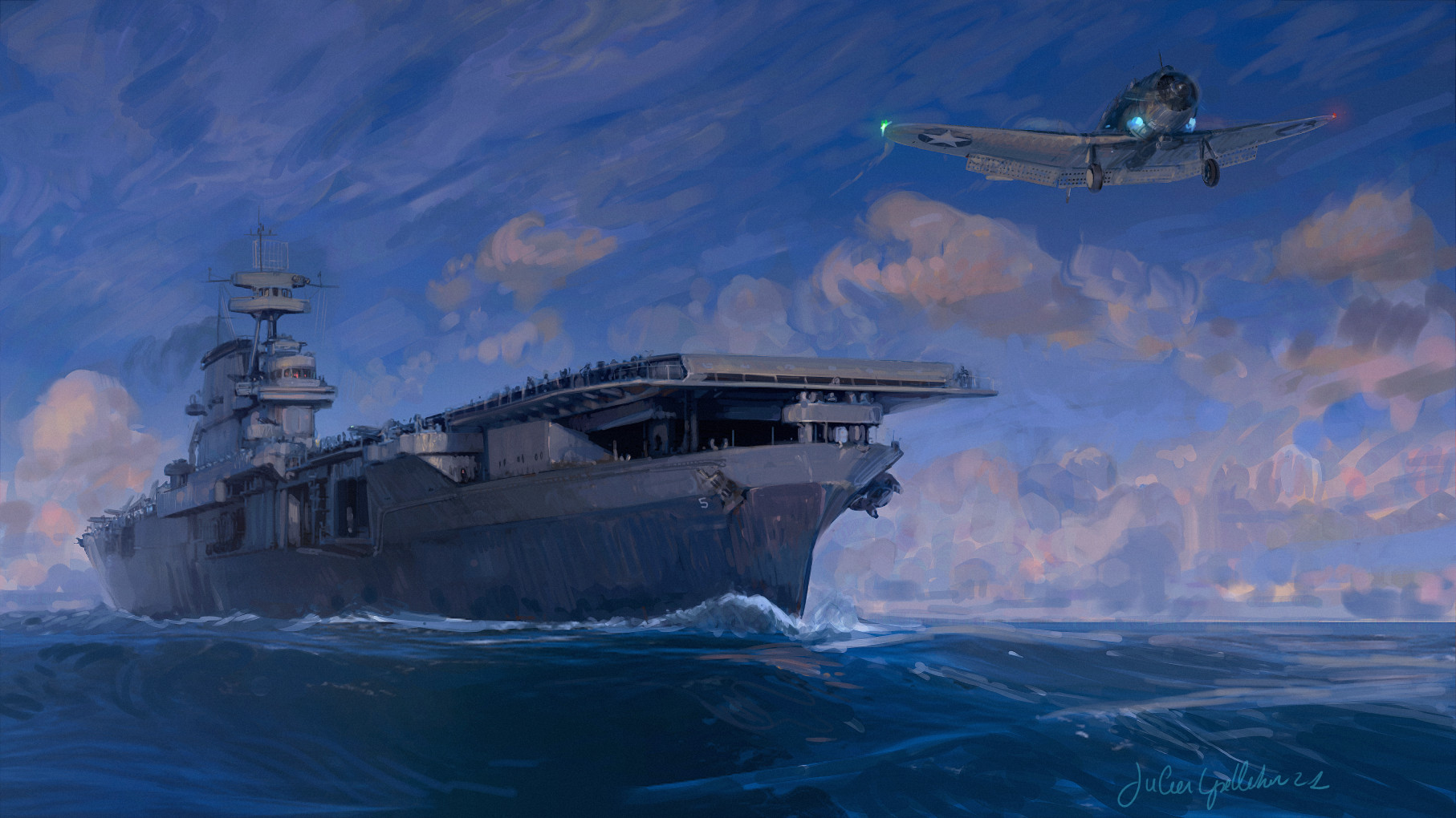 julien lepelletier, sbd dauntless, uss yorktown (cv-5), original, clip studio paint (medium), commentary, english commentary, highres, 6+boys, aircraft, aircraft carrier, airplane, anchor, artist name, cloud, landing gear, mast, military, military uniform, military vehicle, multiple boys, naval uniform, naval working uniform, night, night sky, ocean, outdoors, roundel, sailing, ship, signature, sky, smokestack, takeoff, vehicle focus, warship, watercraft, waves, world war ii
