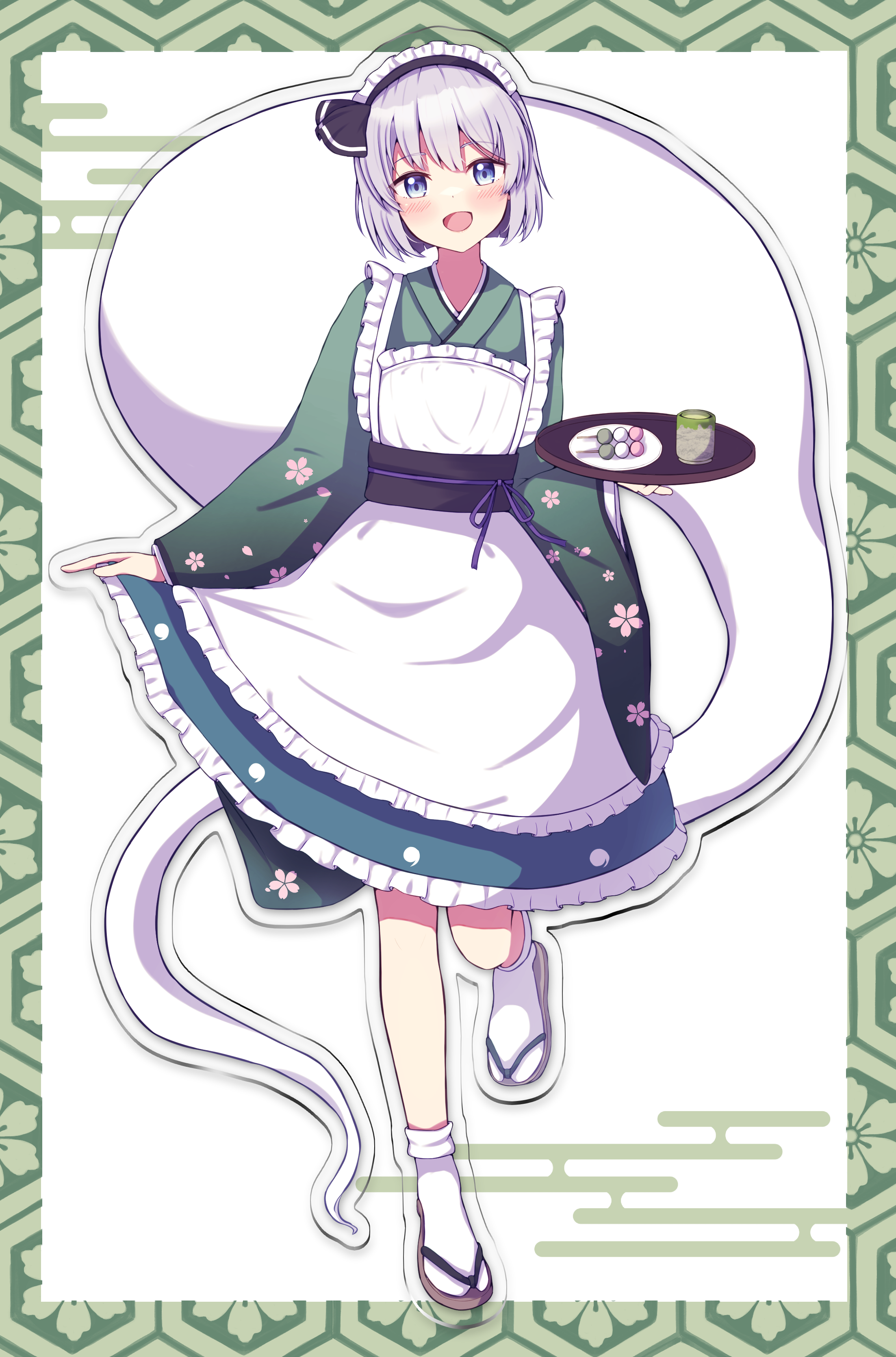 kominato haru, konpaku youmu, konpaku youmu (ghost), touhou, absurdres, commentary request, highres, 1girl, :d, acrylic stand (object), apron, black hairband, black ribbon, blue eyes, blush, border, cup, dango, egasumi, floral print, floral print kimono, food, frilled apron, frilled skirt, frills, full body, green border, green kimono, grey hair, hair ribbon, hairband, holding, holding tray, japanese clothes, kikkoumon, kimono, knees, long sleeves, maid apron, maid headdress, open mouth, plate, print kimono, ribbon, sandals, sanshoku dango, short hair, skirt, smile, socks, solo, tray, wagashi, white apron, white background, white socks, yunomi