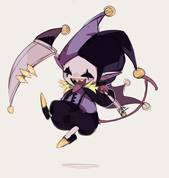 ningzzz, jevil, deltarune, utdr (toby fox), chinese commentary, commentary request, 1boy, :d, black cape, black hat, black shoes, black shorts, cape, colored skin, colored teeth, devilsknife (deltarune), full body, grey background, hat, hat bell, holding, holding scythe, hollow eyes, jester, jester cap, jevilstail, jumping, long sleeves, looking at viewer, male focus, open mouth, pink tail, puffy long sleeves, puffy shorts, puffy sleeves, purple hat, purple shirt, scar across eyes, scythe, sharp teeth, shirt, shoes, shorts, simple background, smile, solo, suspender shorts, suspenders, teeth, tongue, tongue out, two-tone hat, upper teeth only, white skin, yellow teeth