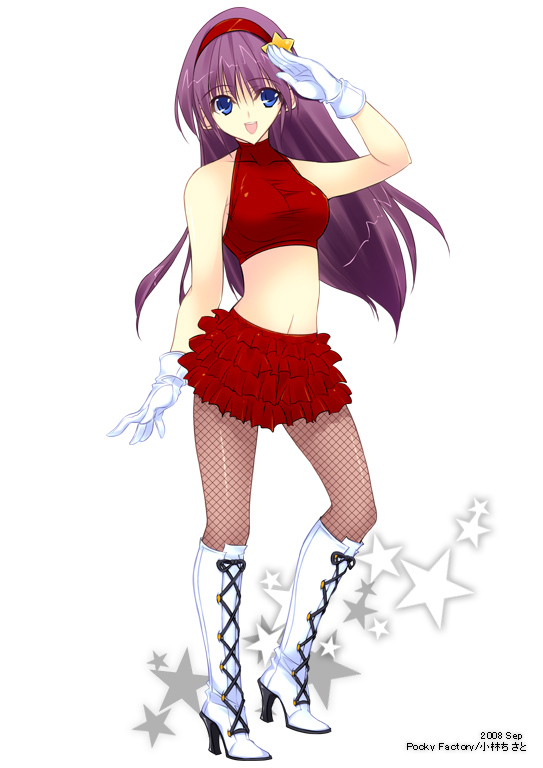 kobayashi chisato, asamiya athena, original, snk, the king of fighters, 00s, 1girl, 2008, bare shoulders, blue eyes, boots, female focus, fishnet pantyhose, fishnets, gloves, hair ornament, hairband, high heels, knee boots, long hair, midriff, open mouth, pantyhose, purple hair, red hairband, shoes, skirt, sleeveless, sleeveless turtleneck, solo, turtleneck