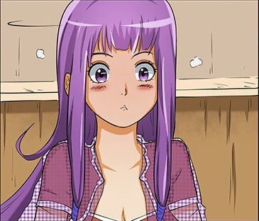 ye ziyun, tales of demons and gods, blush, colored skin, manga page, purple eyes, purple hair, purple shirt, shirt, white skin