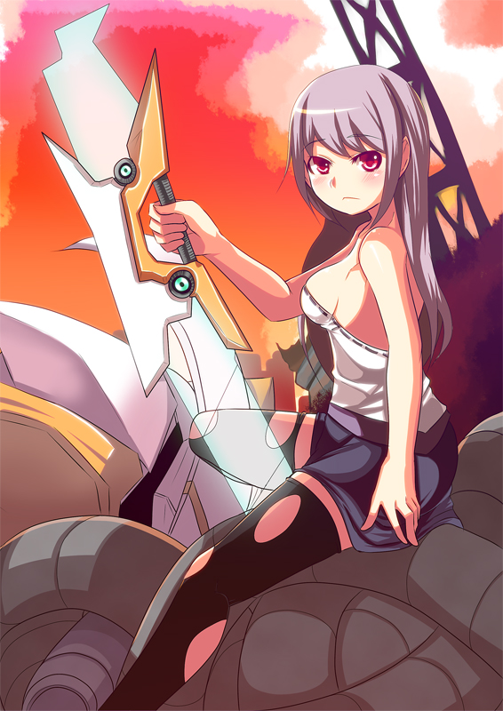 johnny funamushi, original, 1girl, breasts, fantasy, female focus, long hair, purple hair, red eyes, sideboob, solo, thighhighs, torn clothes, torn thighhighs, weapon