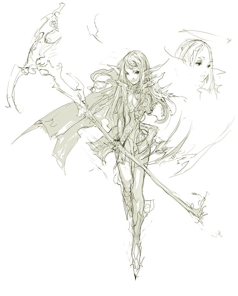 yocky, 1girl, elf, fantasy, green theme, monochrome, pointy ears, scythe, sketch, torn clothes, weapon, white background