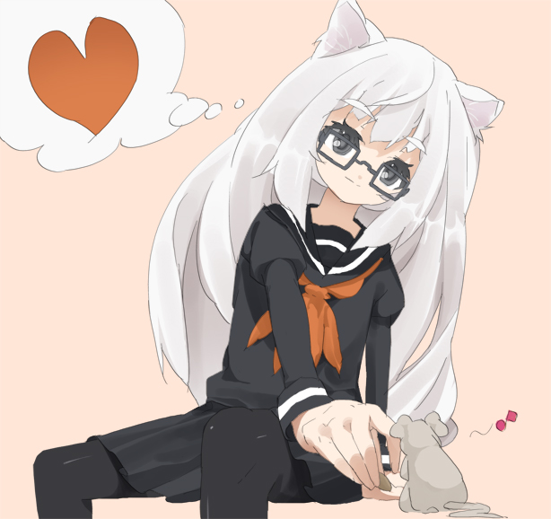 neemui, silver hair, bad id, bad pixiv id, 1girl, animal ears, cat ears, female focus, glasses, grey eyes, long hair, mouse (animal), pantyhose, school uniform, serafuku, simple background, sitting, solo